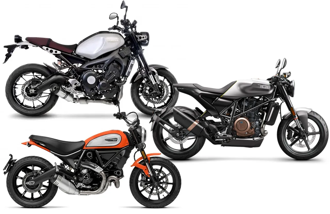 他メーカーモデルとの比較。左からYAMAHA XSR900, Ducati Scrambler,  Vitpilen701