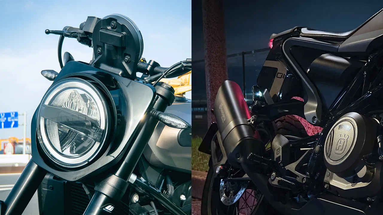 写真：Svartpilen701のフロントビューとリア周り。フラットトラックレーサーのゼッケンプレートの名残が見て取れる